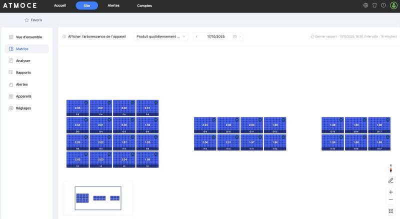 Vue du monitoring Atmoce affichant la production individuelle de chaque panneau solaire sur une installation résidentielle.